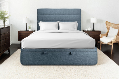 Lit coffre 140x190 cm avec Tête de lit à lignes - Tissu Bouclette Bleu