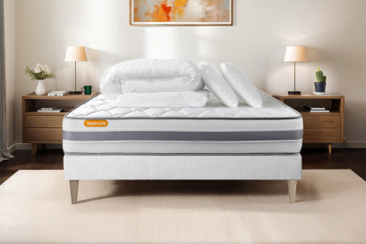 Pack lit complet 160x200 cm - Matelas + Sommier Blanc + 2 oreillers + Couette - Memo Spring