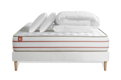 Pack lit complet 140x200 cm - Matelas + Sommier Blanc + 2 oreillers + Couette - Le Doux