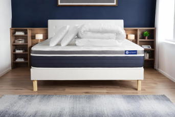 Pack lit complet 140x190 cm - Matelas + Sommier Blanc (en kit) + 2 oreillers + Couette - Actimemo Confort