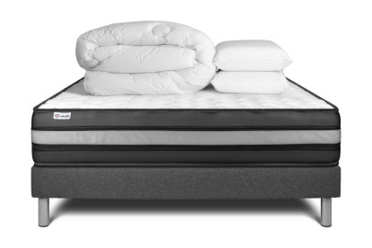 Pack lit complet 160x200 cm - Matelas + Sommier Gris (en kit) + 2 oreillers + Couette - Vital Power Zen