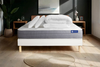 Pack lit complet 140x200 cm - Matelas + Sommier Blanc (en kit) + 2 oreillers + Couette - Actiflex Dream