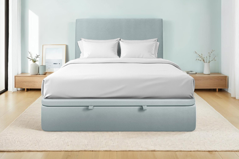 Lit coffre 200x200 cm avec Tête de lit tapissée - Tissu Velours