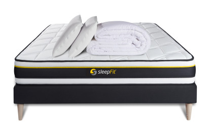 Pack lit complet 160x200 cm - Matelas + Sommier Noir + 2 oreillers + Couette - Soft