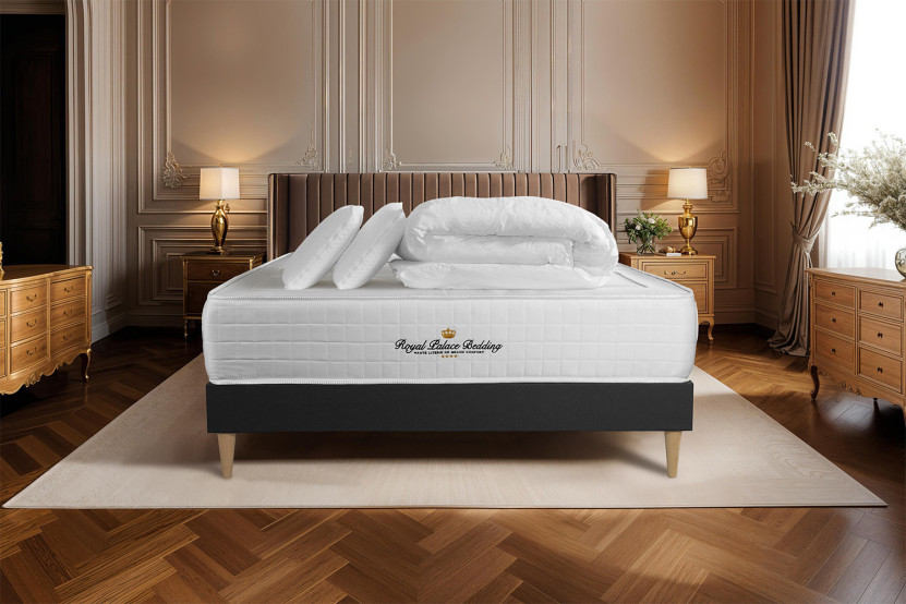 Pack lit complet 200x200 cm - Matelas + Sommier Noir (en kit) + 2 oreillers + Couette - Windsor