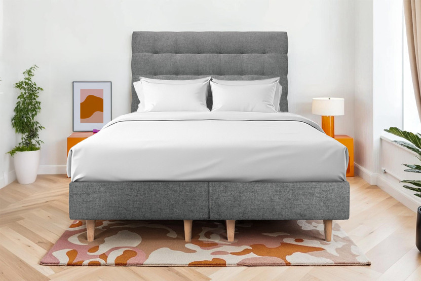 Lit 2x80x200 cm avec Tête de lit capitonnée - Tissu Toile natté