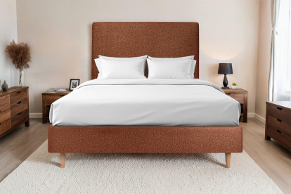 Lit 135x190 cm - Sommier tapissier H35 cm + tête de lit tapissée - Tissu Bouclette Terracotta
